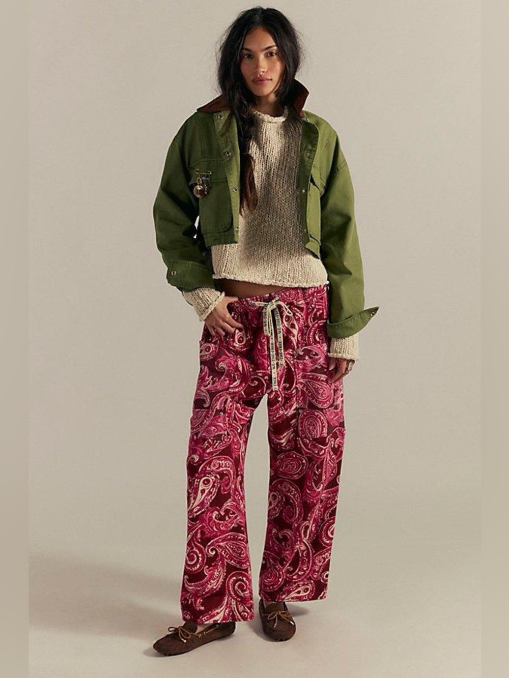 NWT Free People Jet Set Knit Paisley Printed Pull On Trousers Pants
